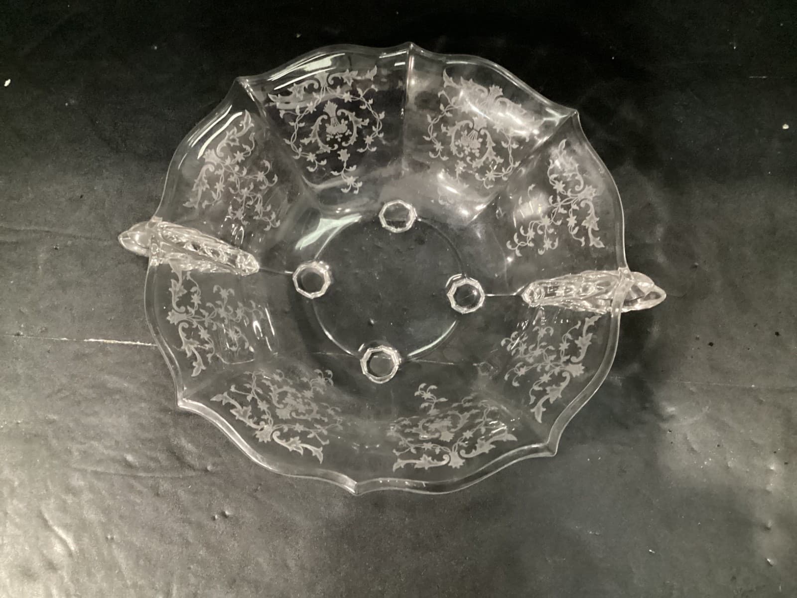 Fostoria Navarre Etched Crystal Glass Bowl with Flame Handles Vintage * - Thumbnail 3