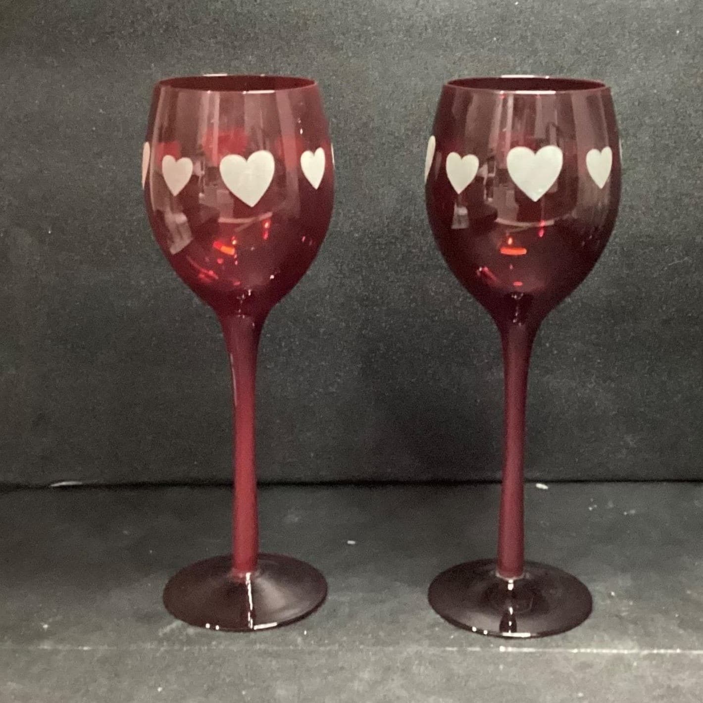 Ruby Red Long Stem Wine Glasses, Set of 2, Frosted Hearts Design, Vtg Stemware - Thumbnail 3