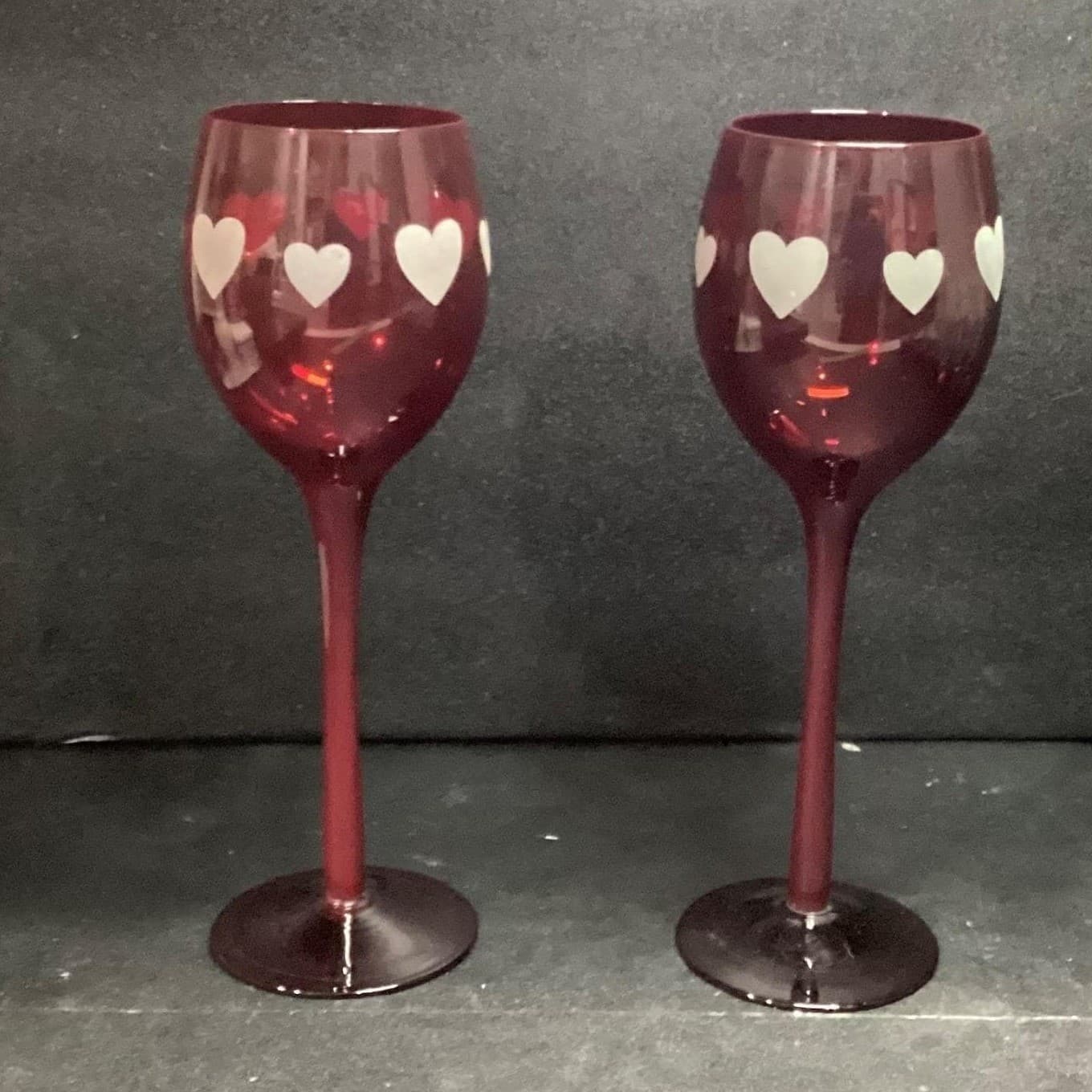 Ruby Red Long Stem Wine Glasses, Set of 2, Frosted Hearts Design, Vtg Stemware - Thumbnail 6