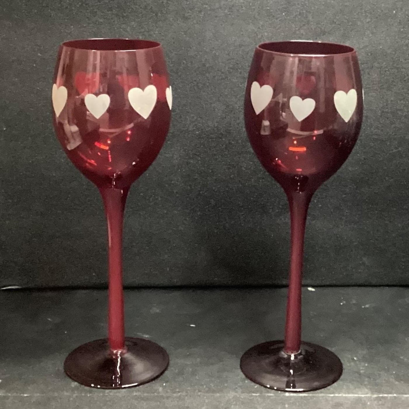 Ruby Red Long Stem Wine Glasses, Set of 2, Frosted Hearts Design, Vtg Stemware - Thumbnail 5