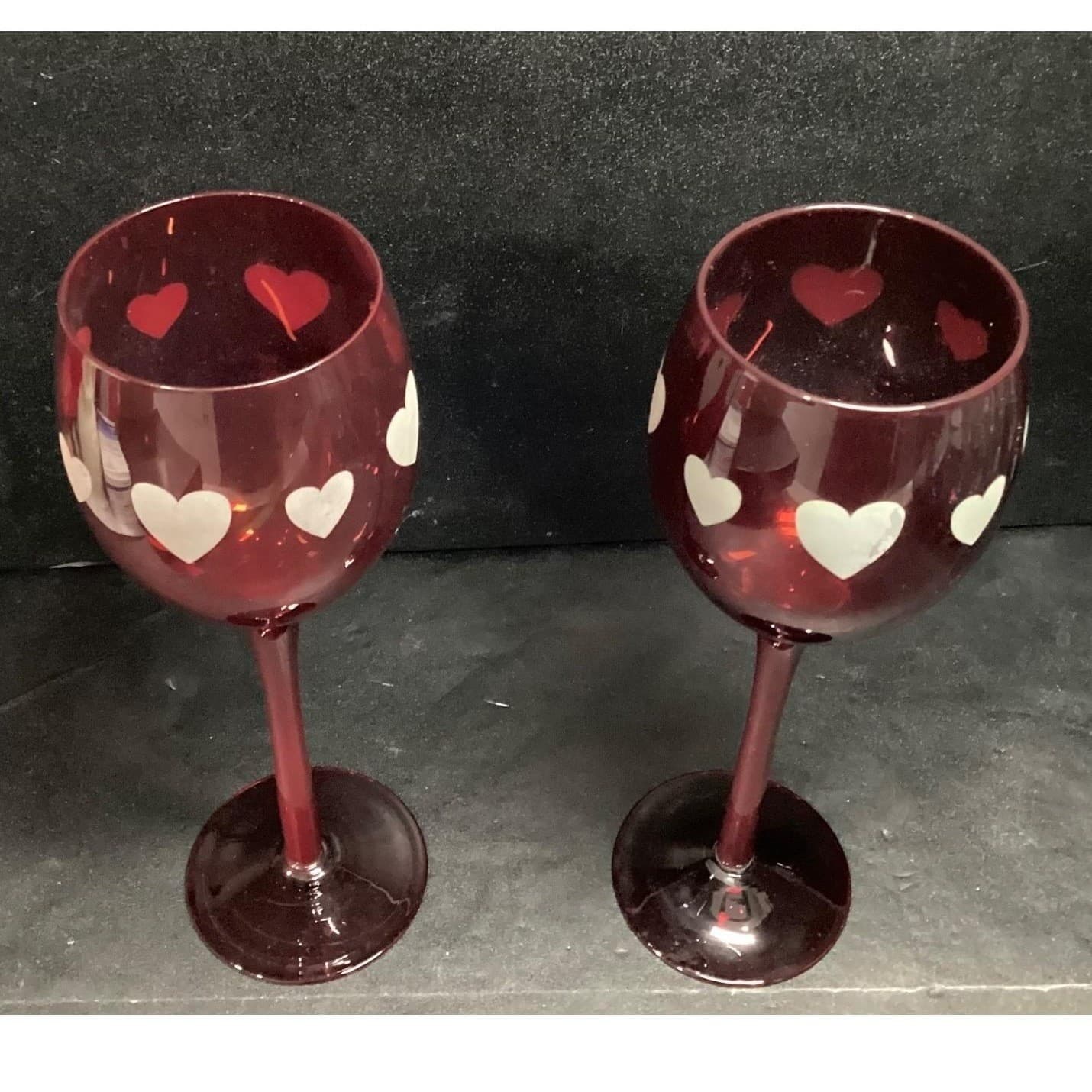 Ruby Red Long Stem Wine Glasses, Set of 2, Frosted Hearts Design, Vtg Stemware - Thumbnail 8
