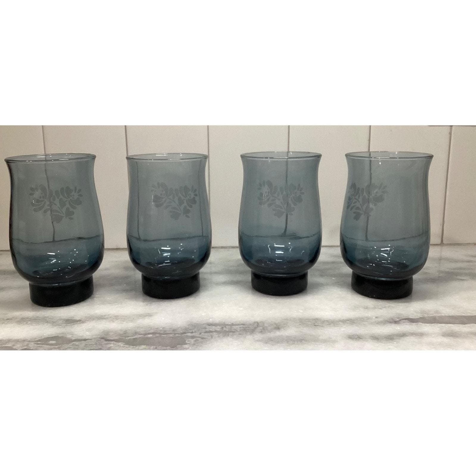 Pfaltzgraff Yorktowne Blue Tumblers, Set of 4, Vintage Etched Floral Design - Thumbnail 5