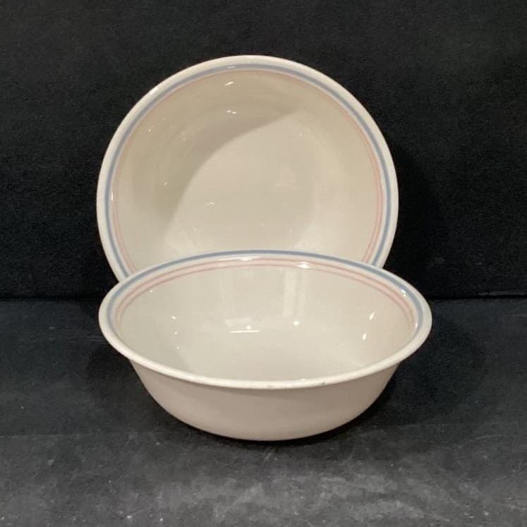 Corelle Corning Colonial Blue Cereal Bowls, Set Of 2, Vtg Pink Lines Dinnerware - Thumbnail 2