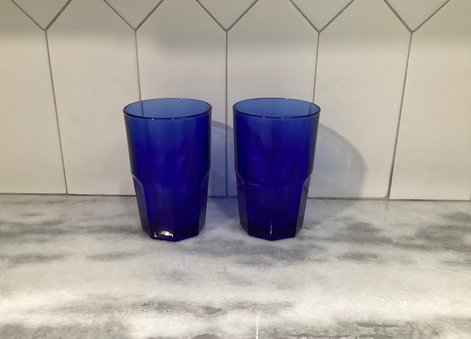 Vintage Set of 2 Libbey Crisa Cobalt Blue 8 Panel Glass Tumblers 16 oz 5.5" - Thumbnail 7