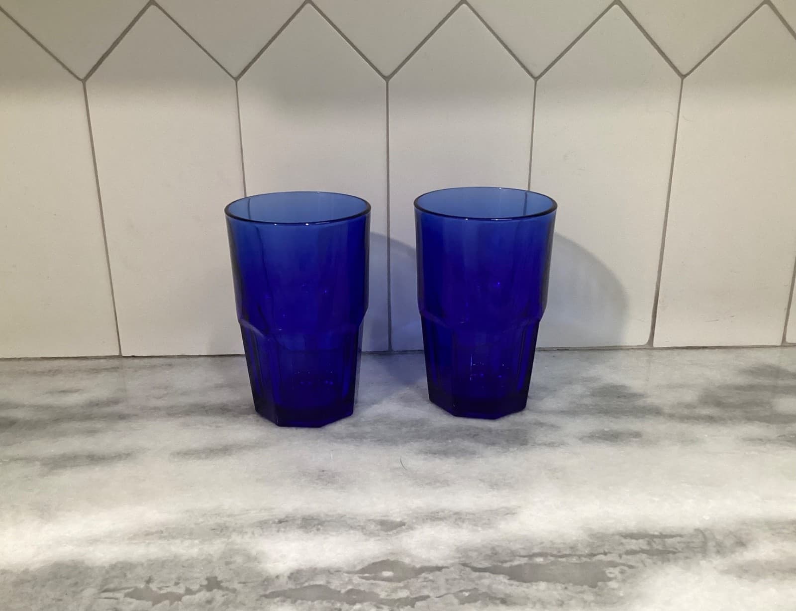 Vintage Set of 2 Libbey Crisa Cobalt Blue 8 Panel Glass Tumblers 16 oz 5.5" - Thumbnail 10