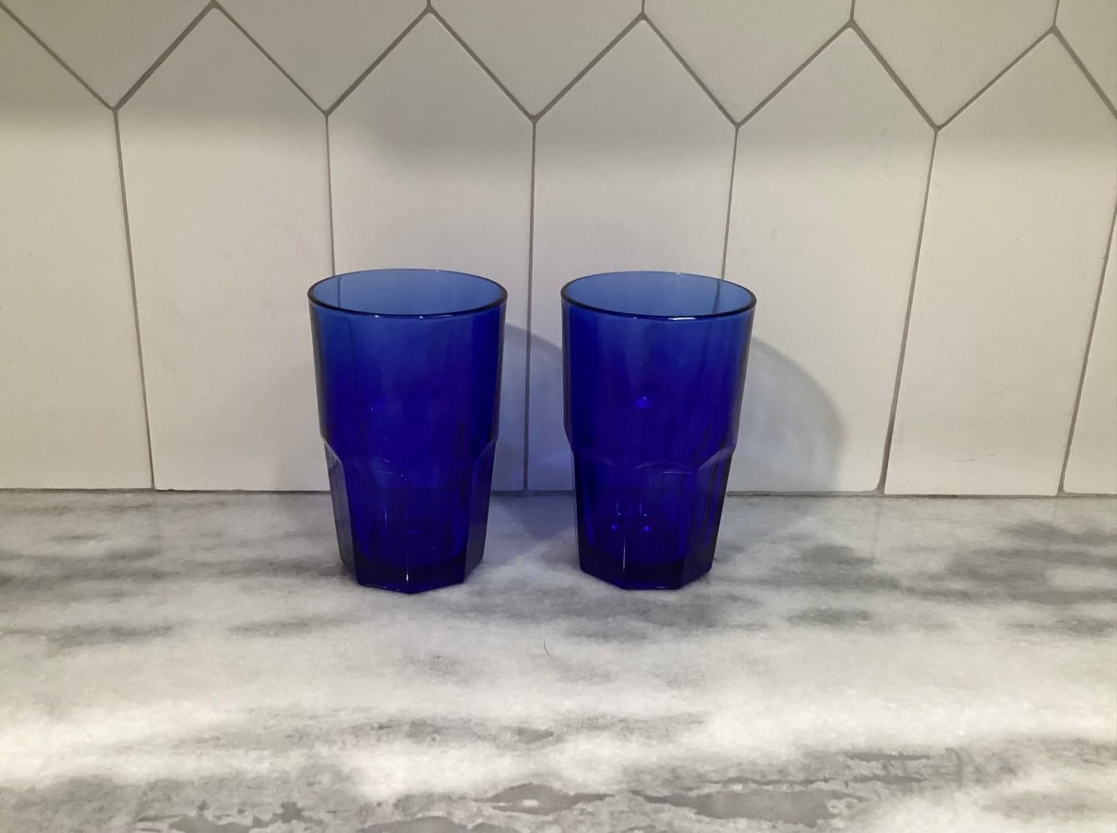Vintage Set of 2 Libbey Crisa Cobalt Blue 8 Panel Glass Tumblers 16 oz 5.5" - Thumbnail 9