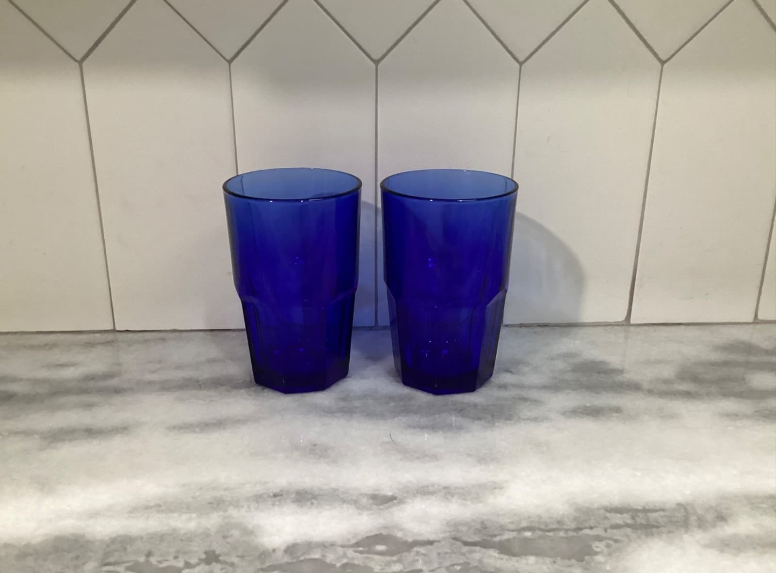 Vintage Set of 2 Libbey Crisa Cobalt Blue 8 Panel Glass Tumblers 16 oz 5.5" - Thumbnail 8