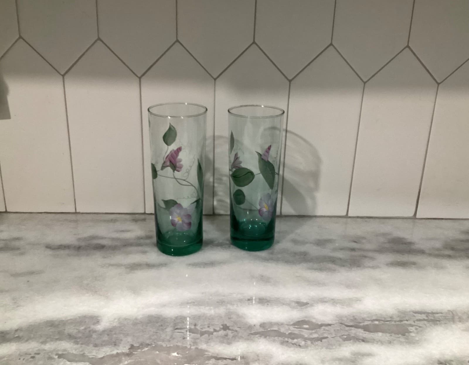 Vintage Fenton Signed 2 Hand Painted Green Floral Highball Tumblers Glasses