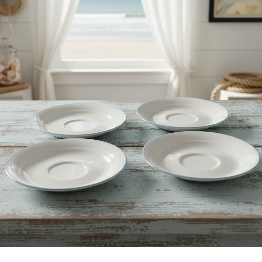 Corelle Coastal Breeze Saucers, Set of 4, Vintage Blue Rim Dishes, Tableware