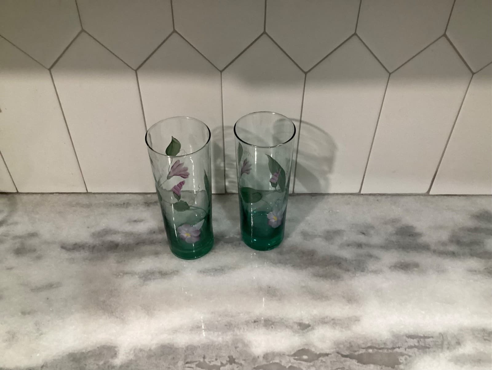 Vintage Fenton Signed 2 Hand Painted Green Floral Highball Tumblers Glasses - Thumbnail 2