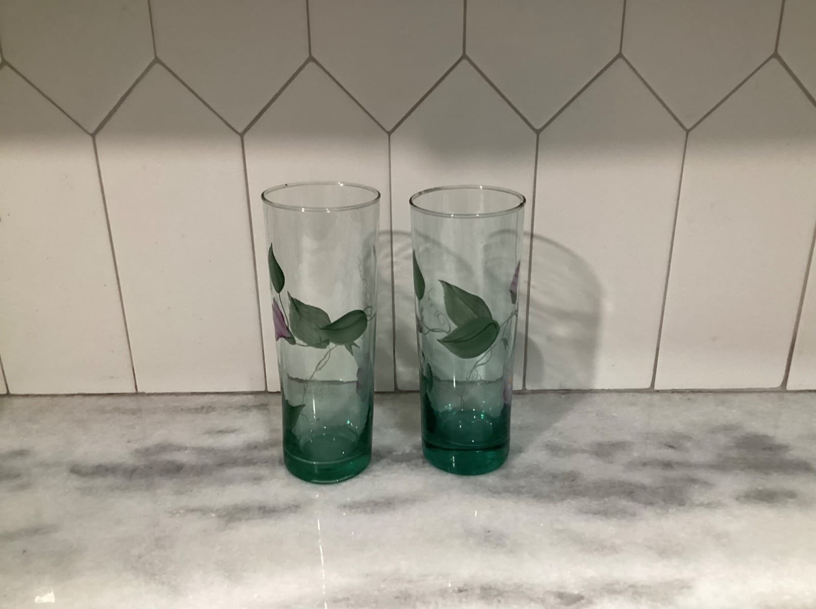 Vintage Fenton Signed 2 Hand Painted Green Floral Highball Tumblers Glasses - Thumbnail 9