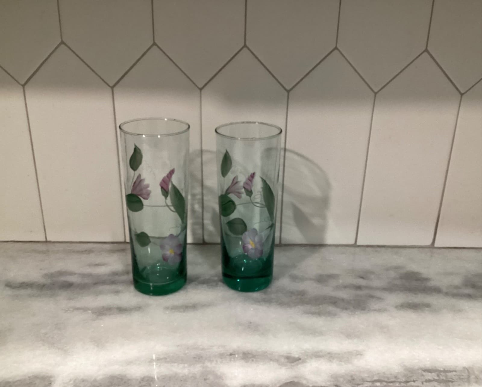 Vintage Fenton Signed 2 Hand Painted Green Floral Highball Tumblers Glasses - Thumbnail 8