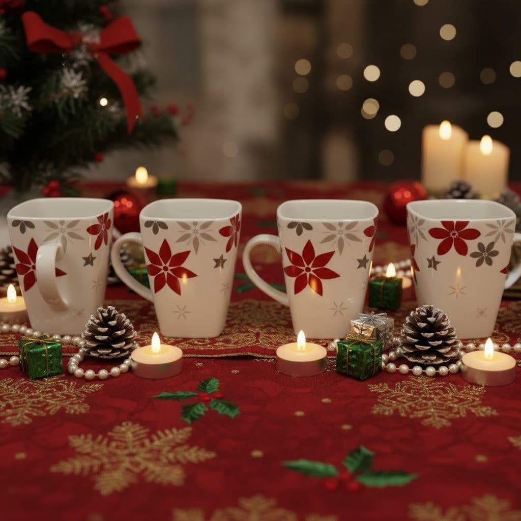 Food Network Snowflake Coffee Cups, Set of 4, Christmas Holiday Mugs, Drinkware