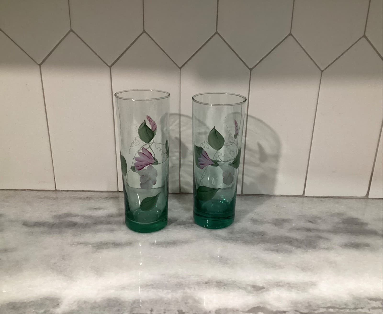 Vintage Fenton Signed 2 Hand Painted Green Floral Highball Tumblers Glasses - Thumbnail 10