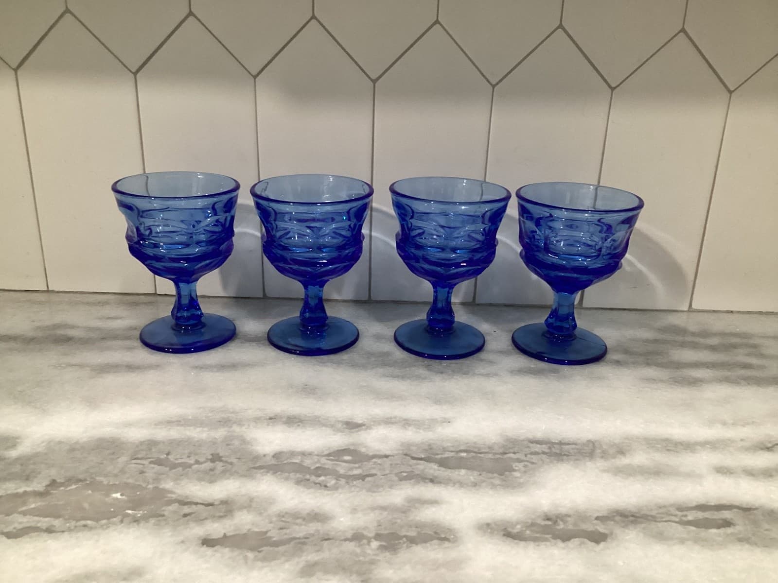 Set Of 4 Fostoria ARGUS BLUE Sherbet / Champagne / Dessert Glasses 5”