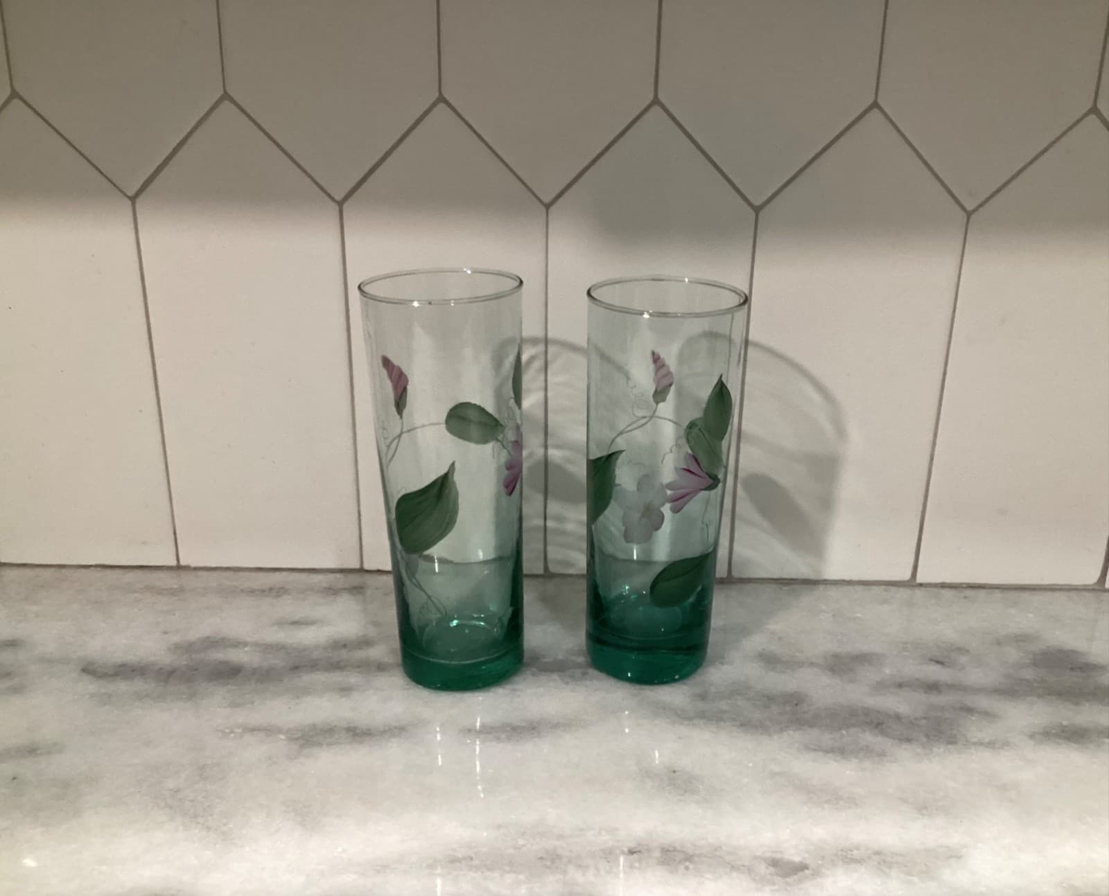 Vintage Fenton Signed 2 Hand Painted Green Floral Highball Tumblers Glasses - Thumbnail 11