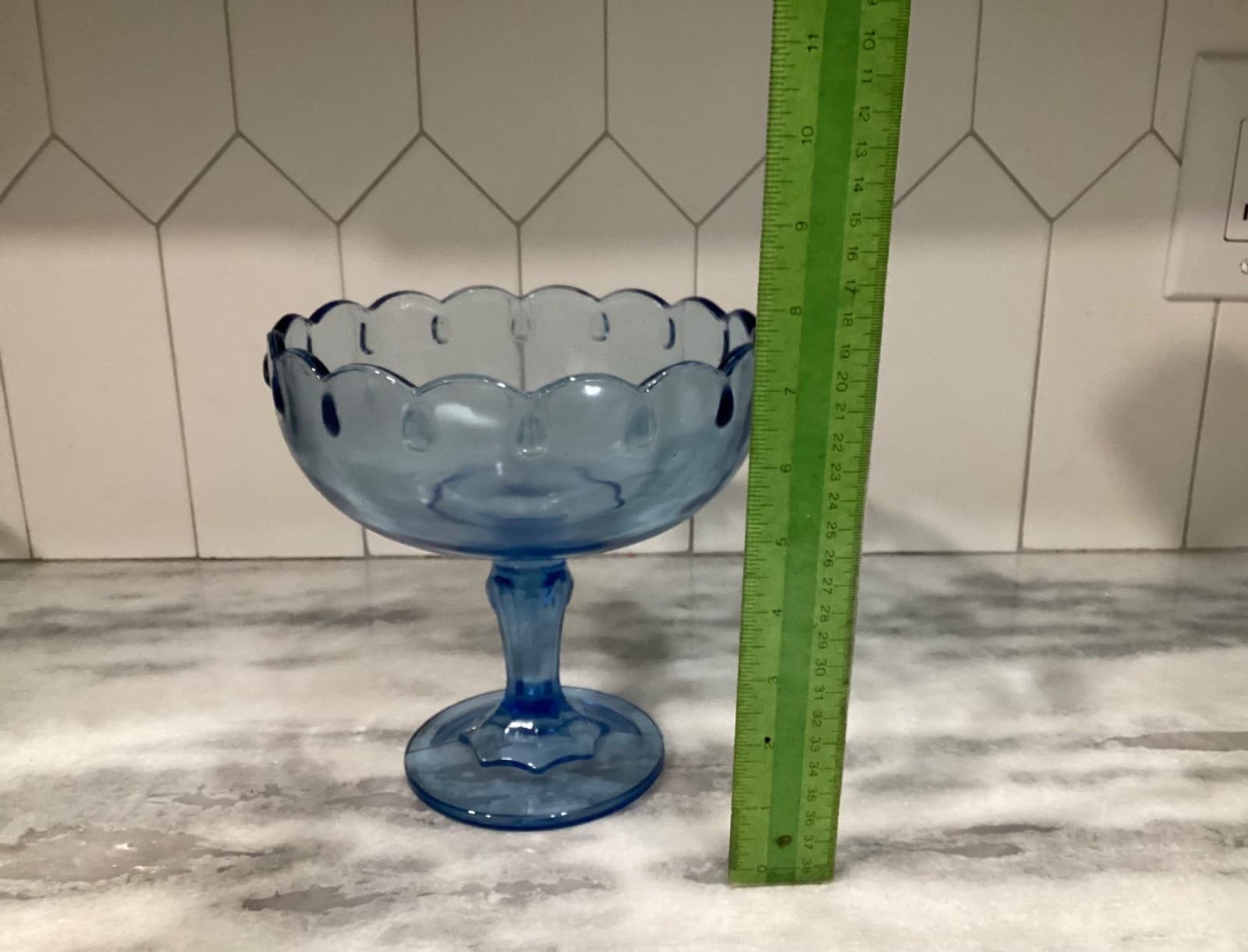 Vintage Indiana Glass 7.5" Pedestal Compote Teardrop Blue With Scalloped Rim - Thumbnail 5