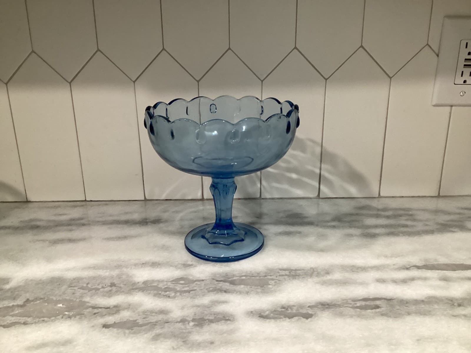 Vintage Indiana Glass 7.5" Pedestal Compote Teardrop Blue With Scalloped Rim