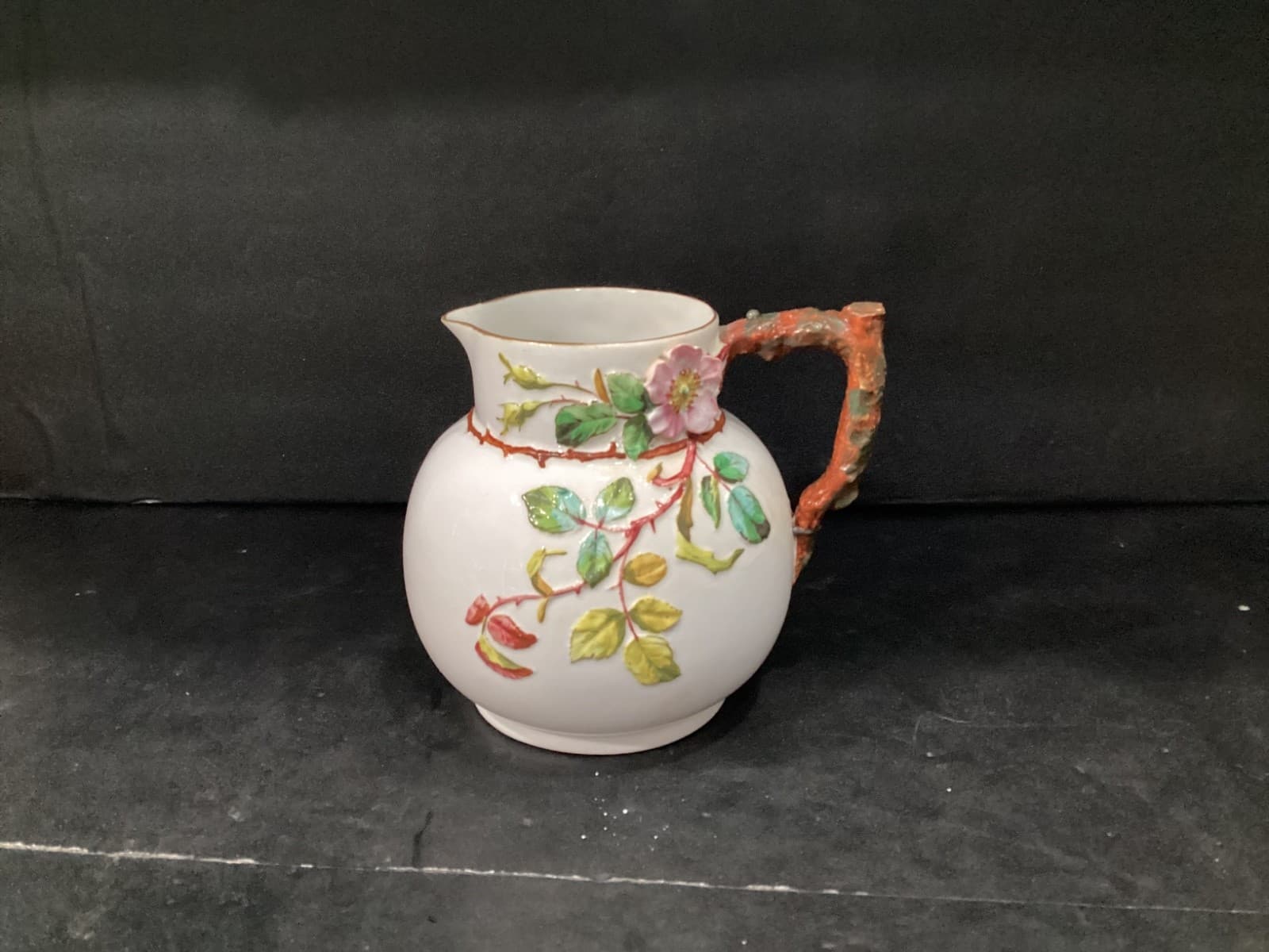 Antique EJD Bodley Cream Jug Relief-Moulded Flowers Berries Butterfly 1876 - Thumbnail 5