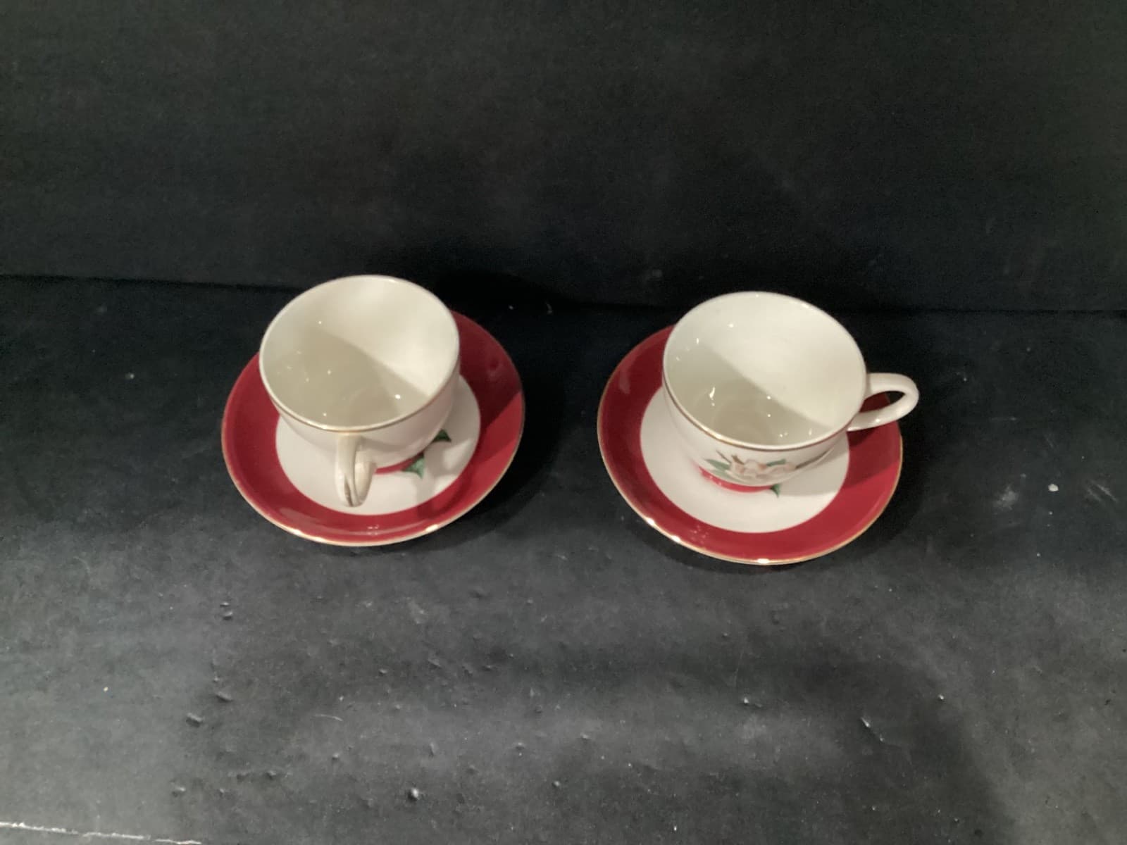 Vintage Homer Laughlin Burgundy Magnolia Lifetime China 2 Tea Cups and Saucers - Thumbnail 2