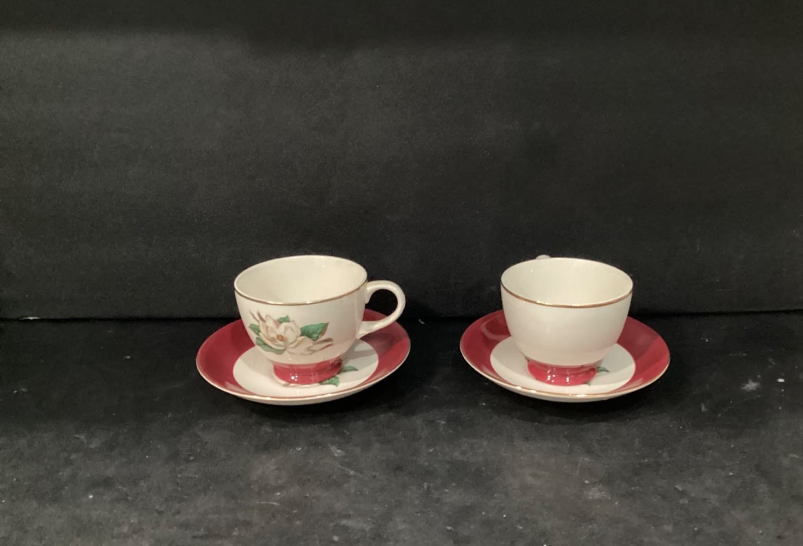 Vintage Homer Laughlin Burgundy Magnolia Lifetime China 2 Tea Cups and Saucers
