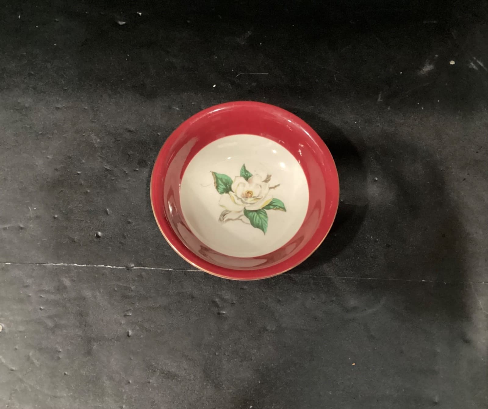 Lifetime China Co Burgundy w White Magnolia Semi-Vitrous 2 Dessert Berry Bowls - Thumbnail 3