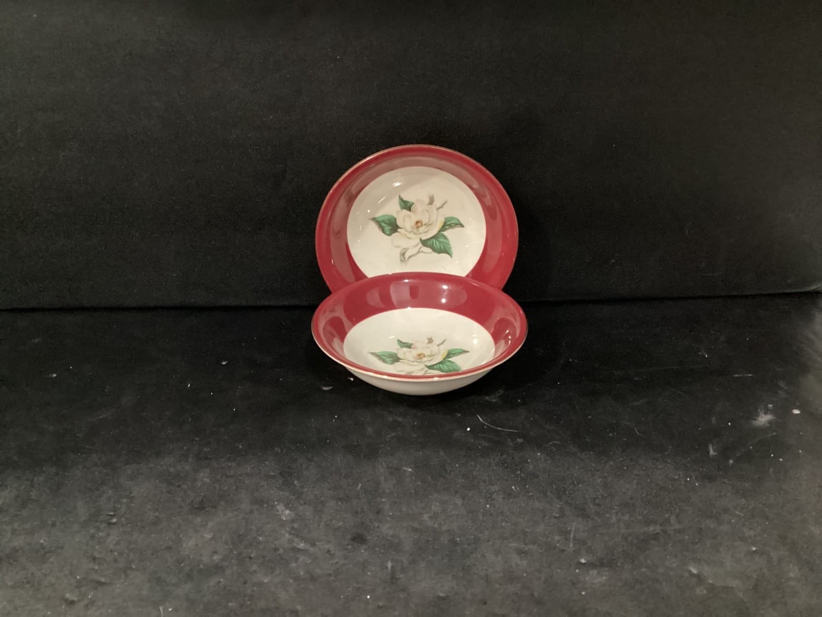 Lifetime China Co Burgundy w White Magnolia Semi-Vitrous 2 Dessert Berry Bowls