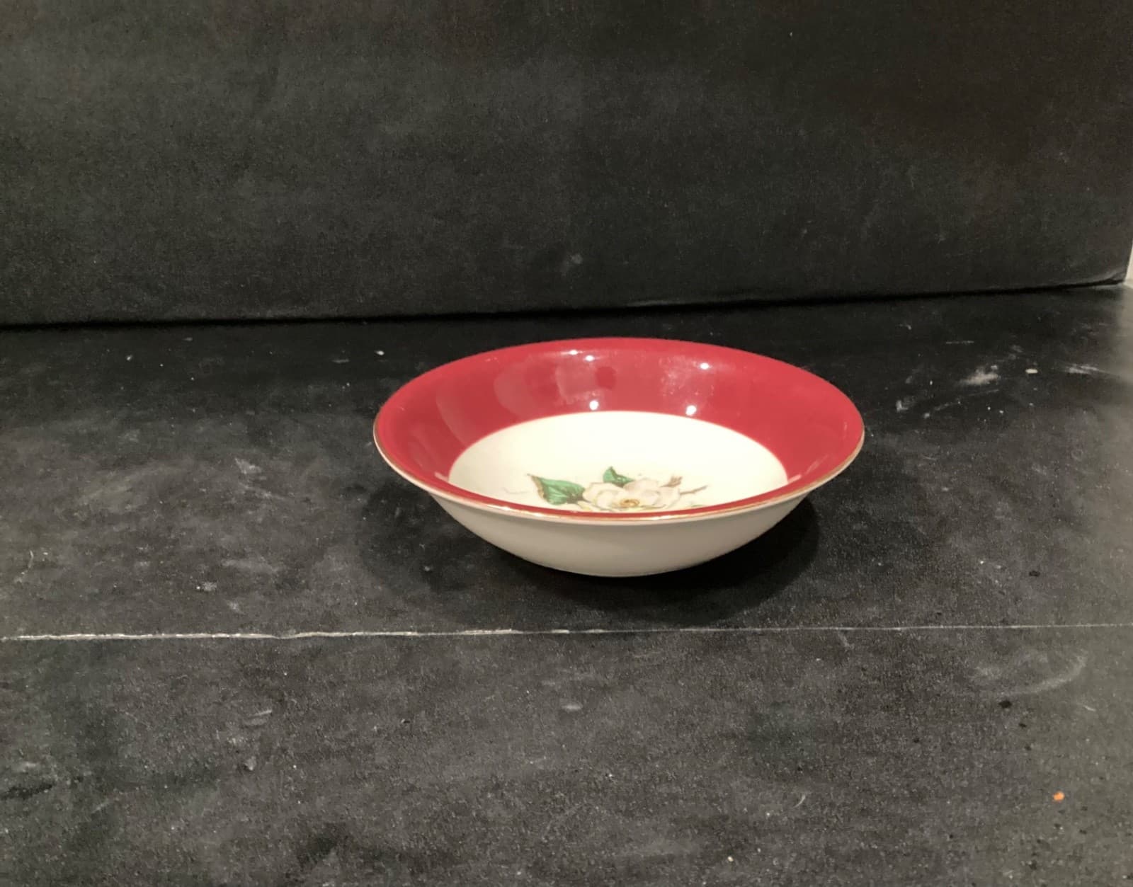 Lifetime China Co Burgundy w White Magnolia Semi-Vitrous 2 Dessert Berry Bowls - Thumbnail 2