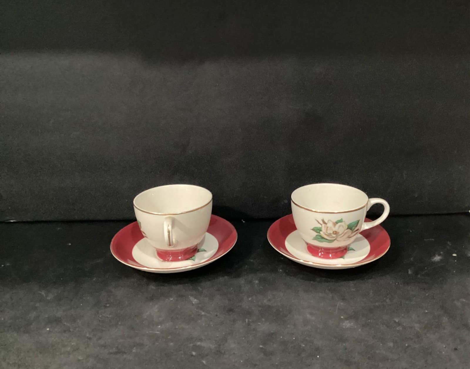 Vintage Homer Laughlin Burgundy Magnolia Lifetime China 2 Tea Cups and Saucers - Thumbnail 12