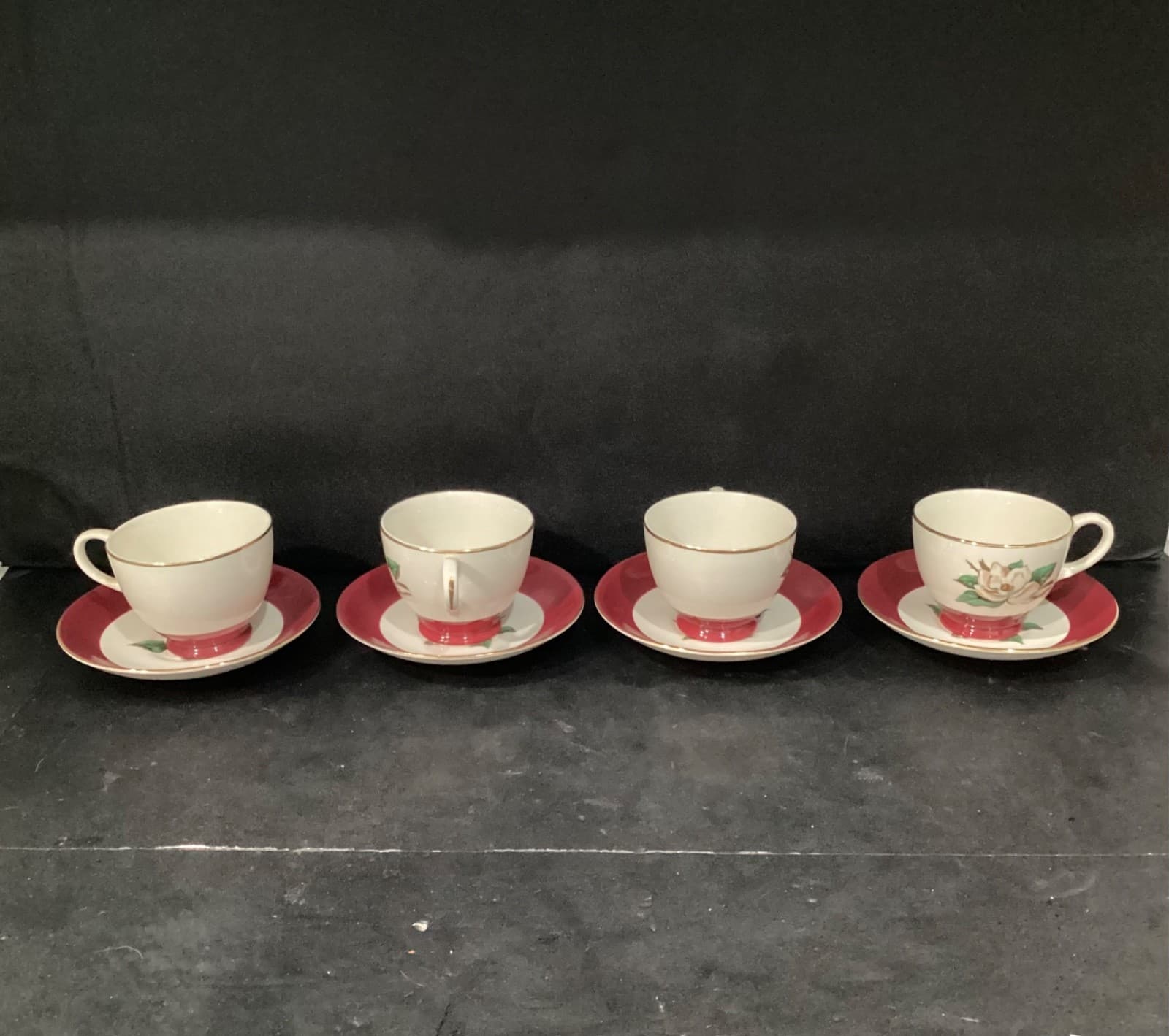 Vintage Homer Laughlin Burgundy Magnolia Lifetime China 4 Tea Cups and Saucers - Thumbnail 13