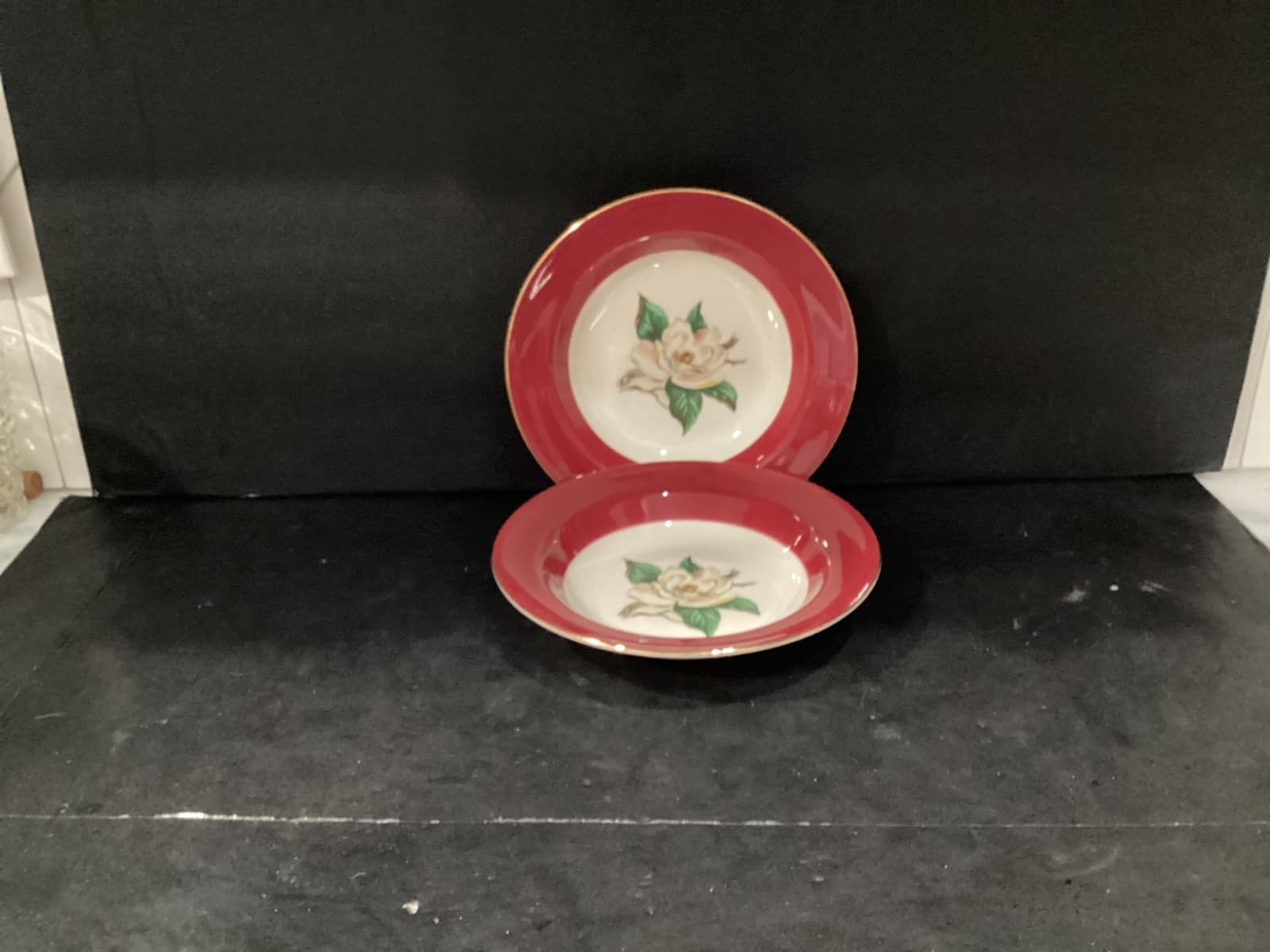 Homer Laughlin Burgundy Bowls 8.5" Magnolia 1940's Dishes Gold Rim Set of 2