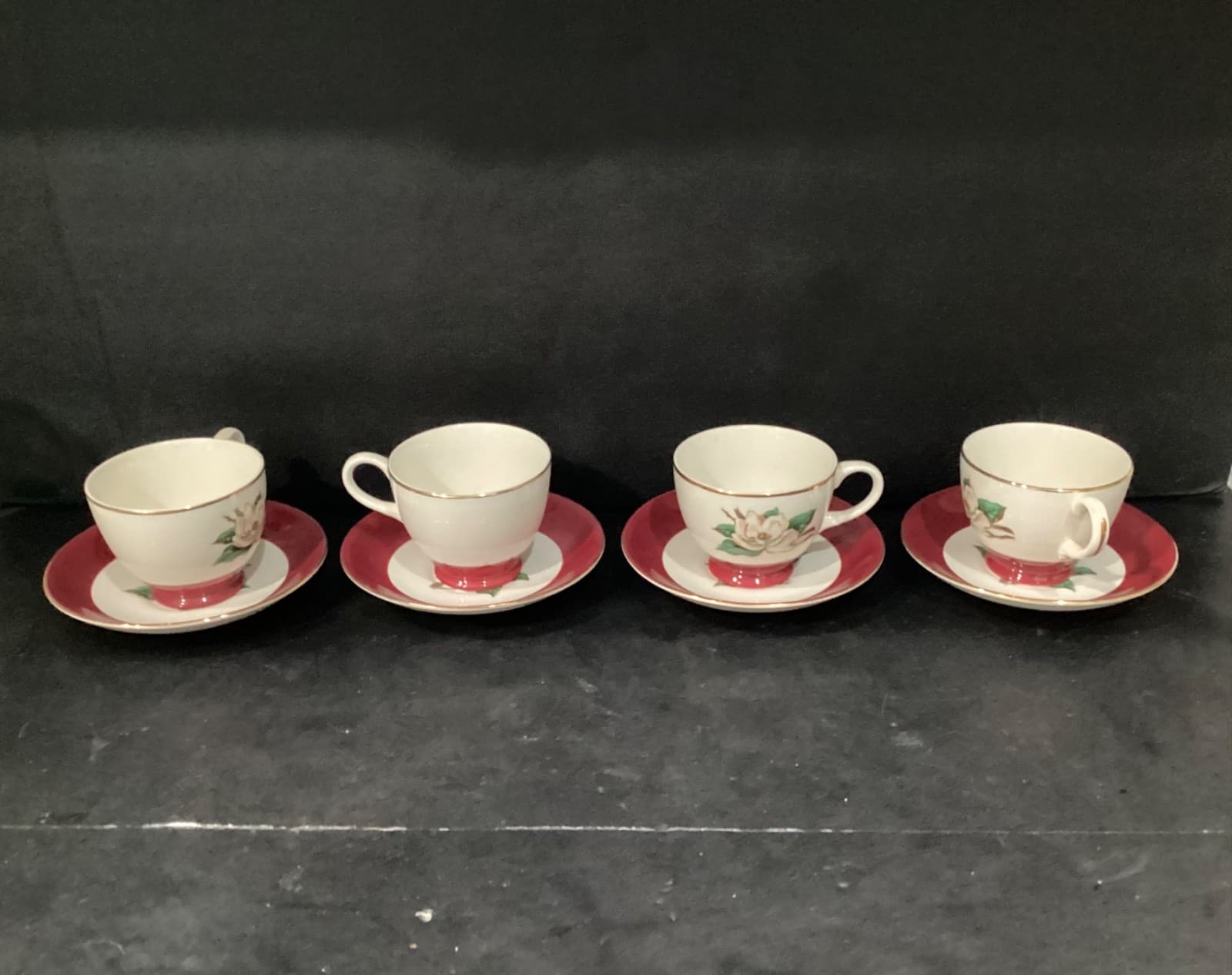 Vintage Homer Laughlin Burgundy Magnolia Lifetime China 4 Tea Cups and Saucers - Thumbnail 12
