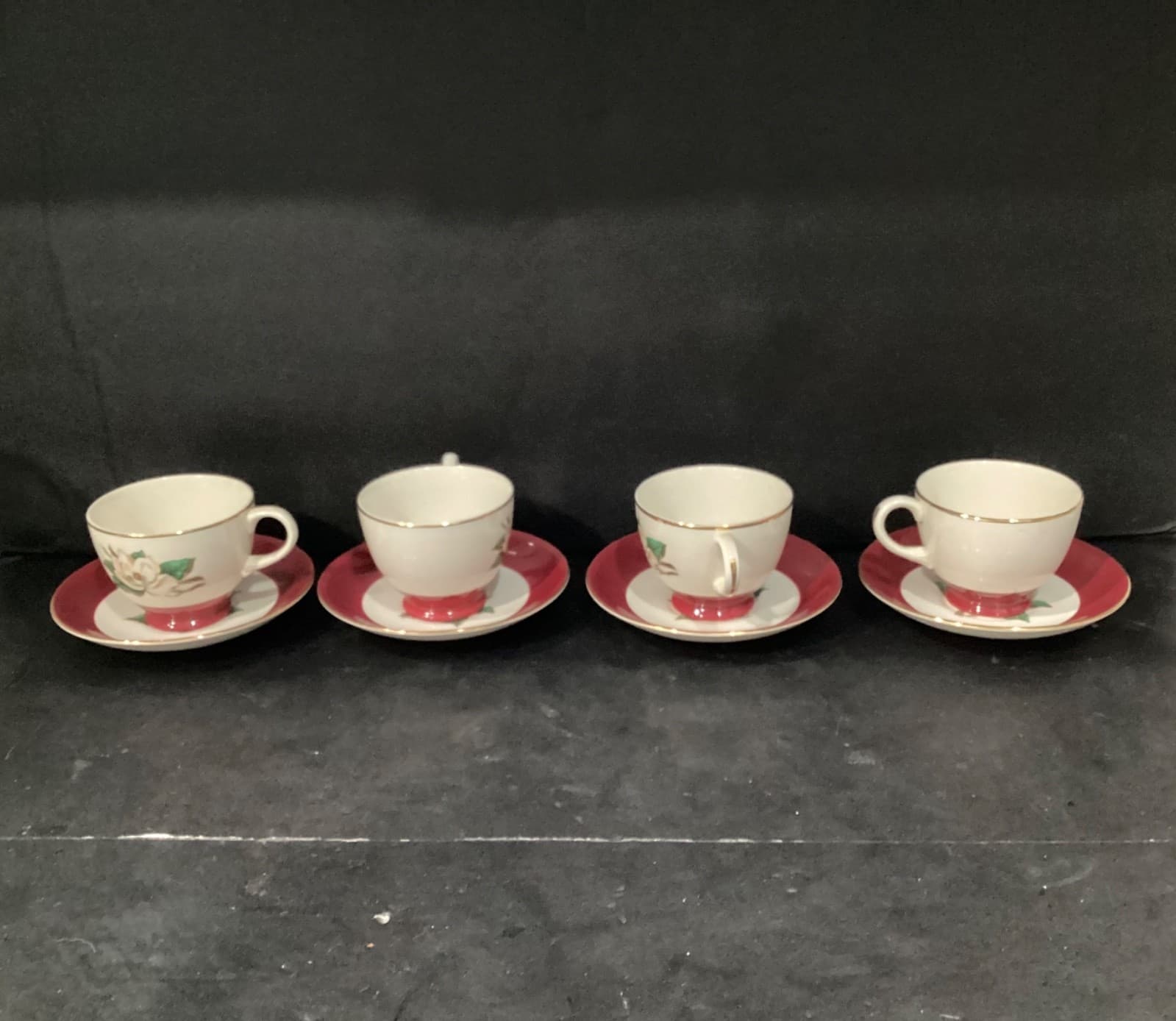 Vintage Homer Laughlin Burgundy Magnolia Lifetime China 4 Tea Cups and Saucers - Thumbnail 11