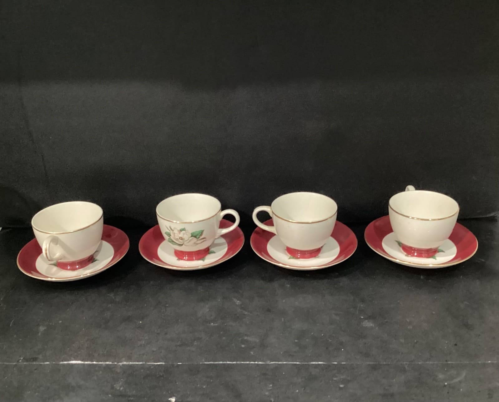 Vintage Homer Laughlin Burgundy Magnolia Lifetime China 4 Tea Cups and Saucers - Thumbnail 14