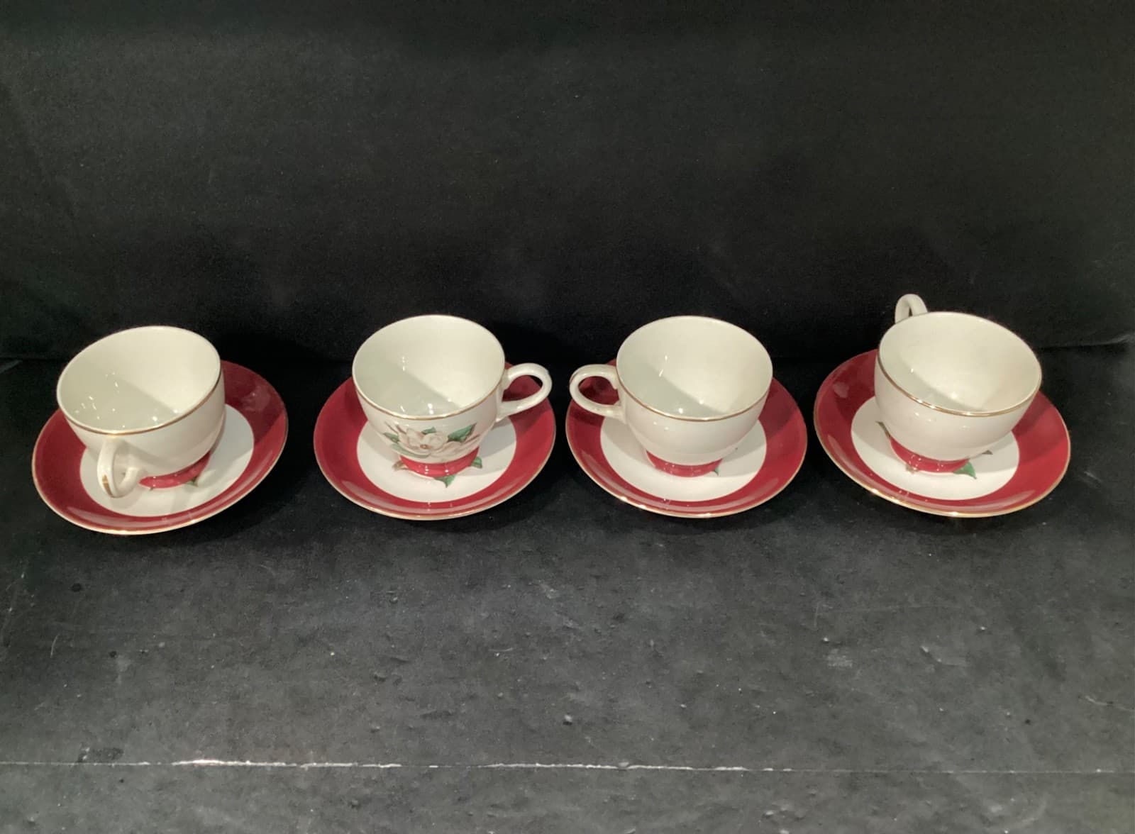 Vintage Homer Laughlin Burgundy Magnolia Lifetime China 4 Tea Cups and Saucers - Thumbnail 2