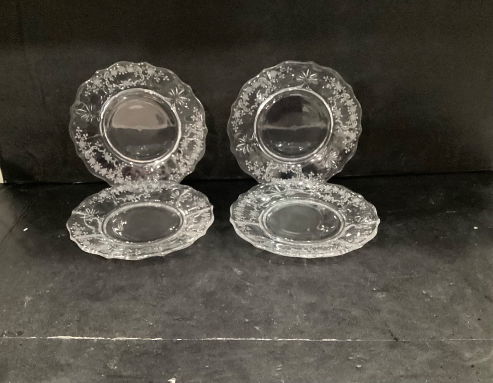 Fostoria Meadow Rose 7 3/8” Plates 1940s-50s Set of 4 Etched Floral CLEAR