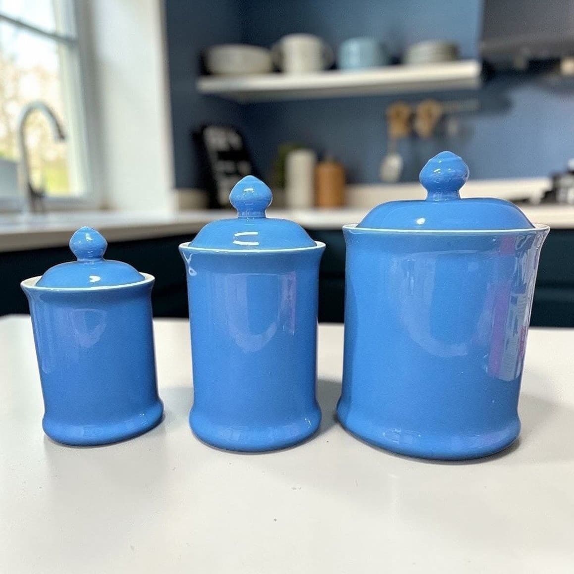 Williams Sonoma Blue Lidded Canisters, Set of 3, Replacement Kitchenware, Jars