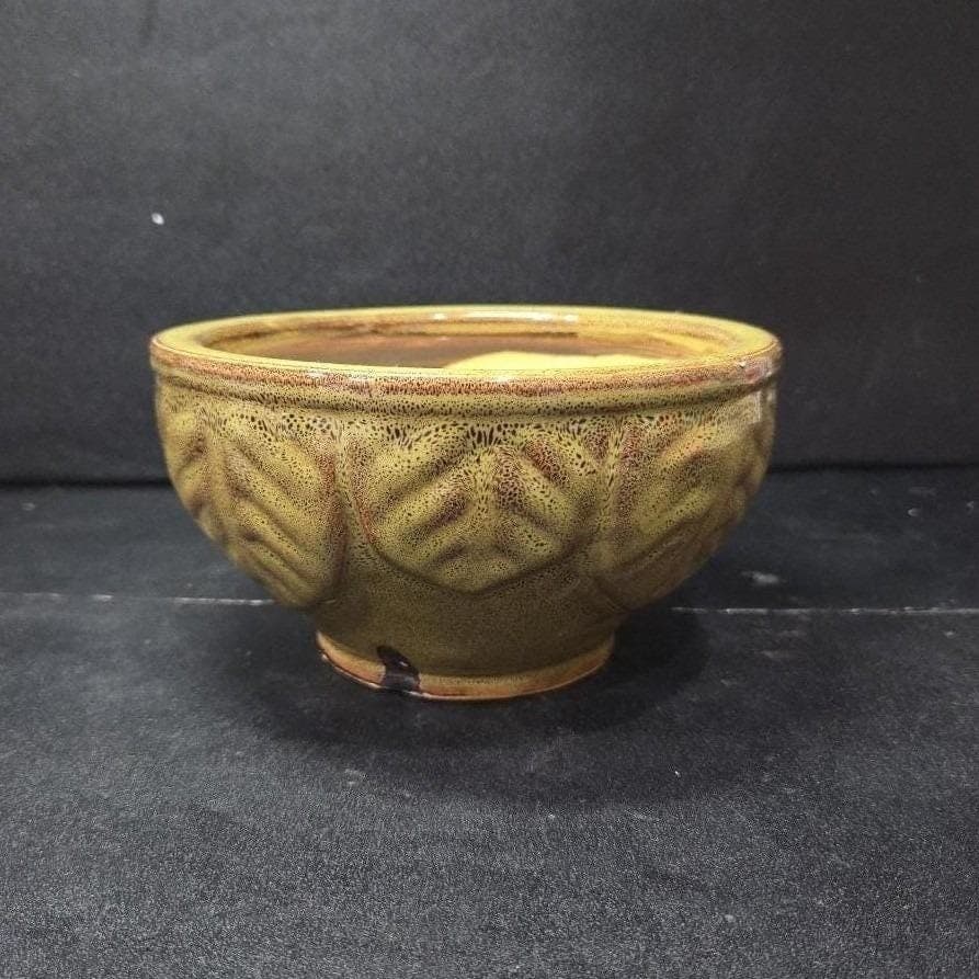 Green Glazed Serving Bowl, Leaves Design Planter, Speckled Flower Pot, Vietnam - Thumbnail 3