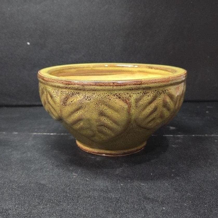 Green Glazed Serving Bowl, Leaves Design Planter, Speckled Flower Pot, Vietnam - Thumbnail 2