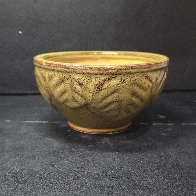 Green Glazed Serving Bowl, Leaves Design Planter, Speckled Flower Pot, Vietnam - Thumbnail 5
