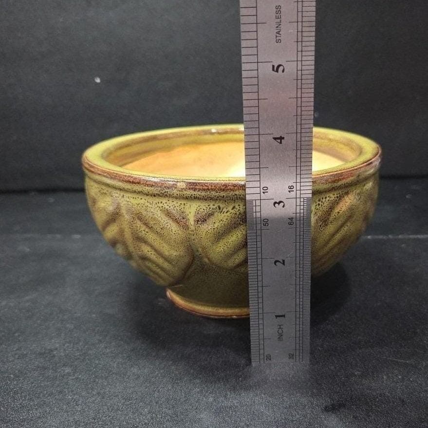 Green Glazed Serving Bowl, Leaves Design Planter, Speckled Flower Pot, Vietnam - Thumbnail 10