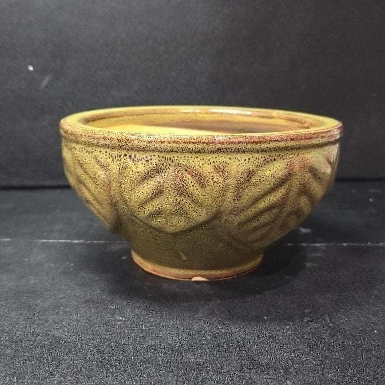 Green Glazed Serving Bowl, Leaves Design Planter, Speckled Flower Pot, Vietnam - Thumbnail 4