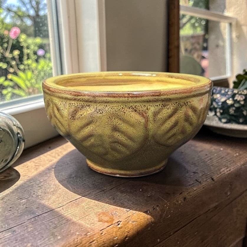 Green Glazed Serving Bowl, Leaves Design Planter, Speckled Flower Pot, Vietnam