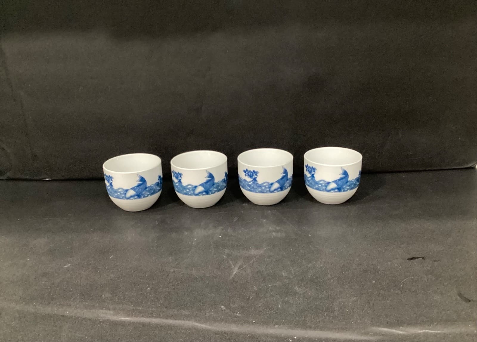 White Jade Porcelain Cheng's Blue Rose Koi Set of 4 Tea Sake Cups