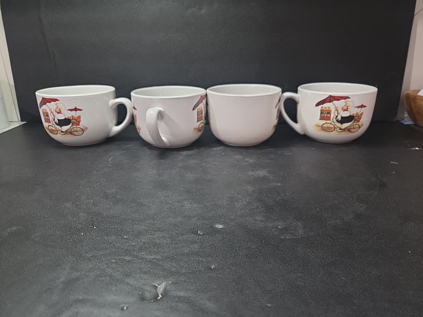 Trisa Large Coffee Mugs, French Chef on Bicycle Design, Set Of 4 Soup Cups 24 Oz - Thumbnail 3