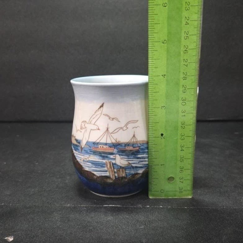 Studio Art Pottery Glazed Coffee Cup, Vintage Beach Seagulls Ships Waves Design - Thumbnail 9