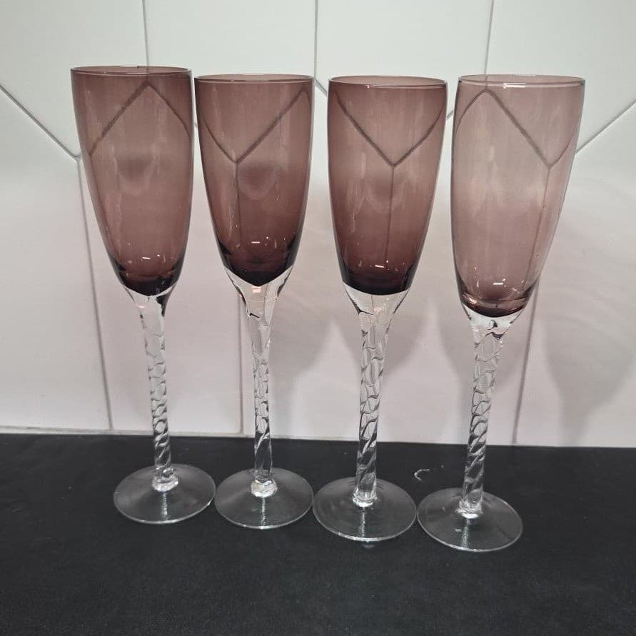 Pier 1 Amethyst Purple Champagne Flutes, Set of 4, Vintage Twisted Stem Stemware - Thumbnail 5