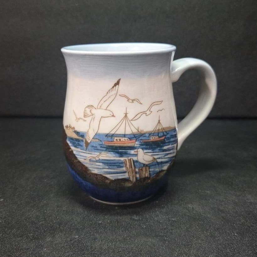 Studio Art Pottery Glazed Coffee Cup, Vintage Beach Seagulls Ships Waves Design - Thumbnail 2