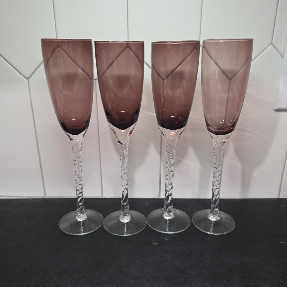 Pier 1 Amethyst Purple Champagne Flutes, Set of 4, Vintage Twisted Stem Stemware - Thumbnail 2