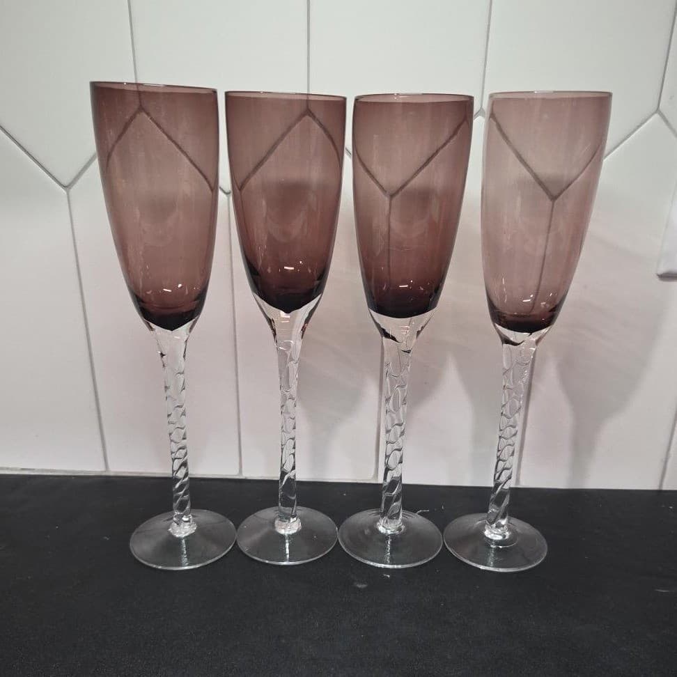 Pier 1 Amethyst Purple Champagne Flutes, Set of 4, Vintage Twisted Stem Stemware - Thumbnail 3